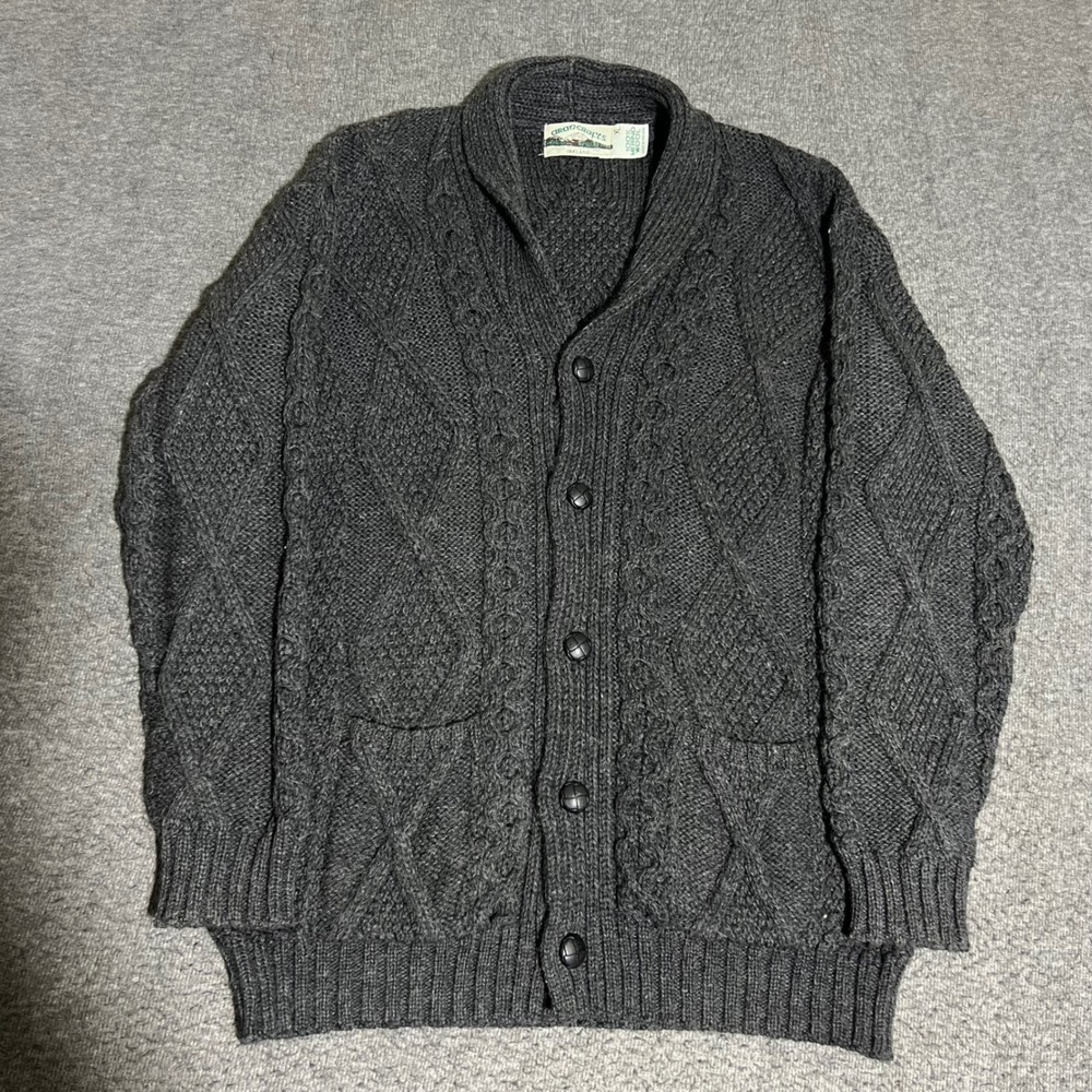 Aran Crafts Ireland Merino Wool Shawl Collar Cardigan Sweater Mens XL Gray Cable